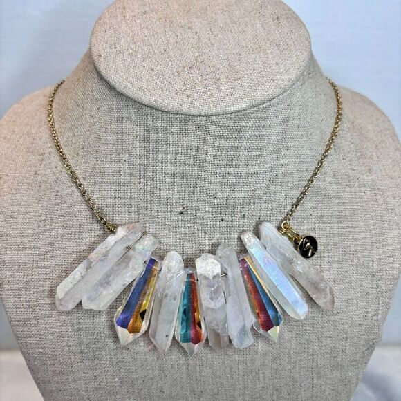 RARE AB Quartz Clustered Crystal Healing Statement Necklace Rainbow Gold-tone 20 - Picture 3 of 6